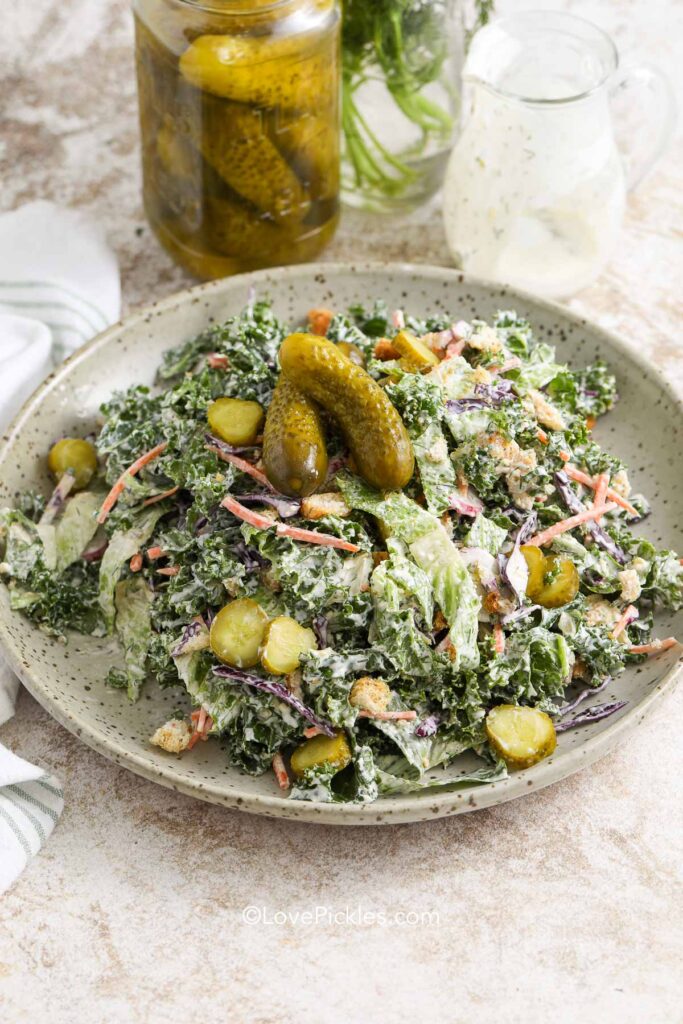 a serving bowl of dill pickle salad with dill pickles on top