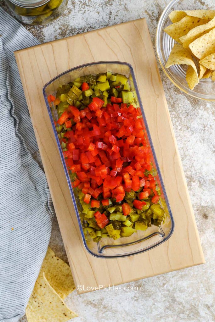 chopped bell pepper and dill pickles for pickle de gallo