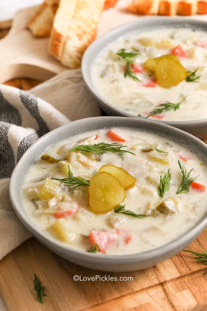 a bowl of Polish dill pickle soup garnished with sprigs of dill and pickle slices