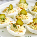 cropped dill pickle deviled eggs