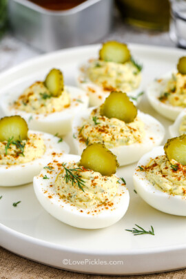 cropped dill pickle deviled eggs