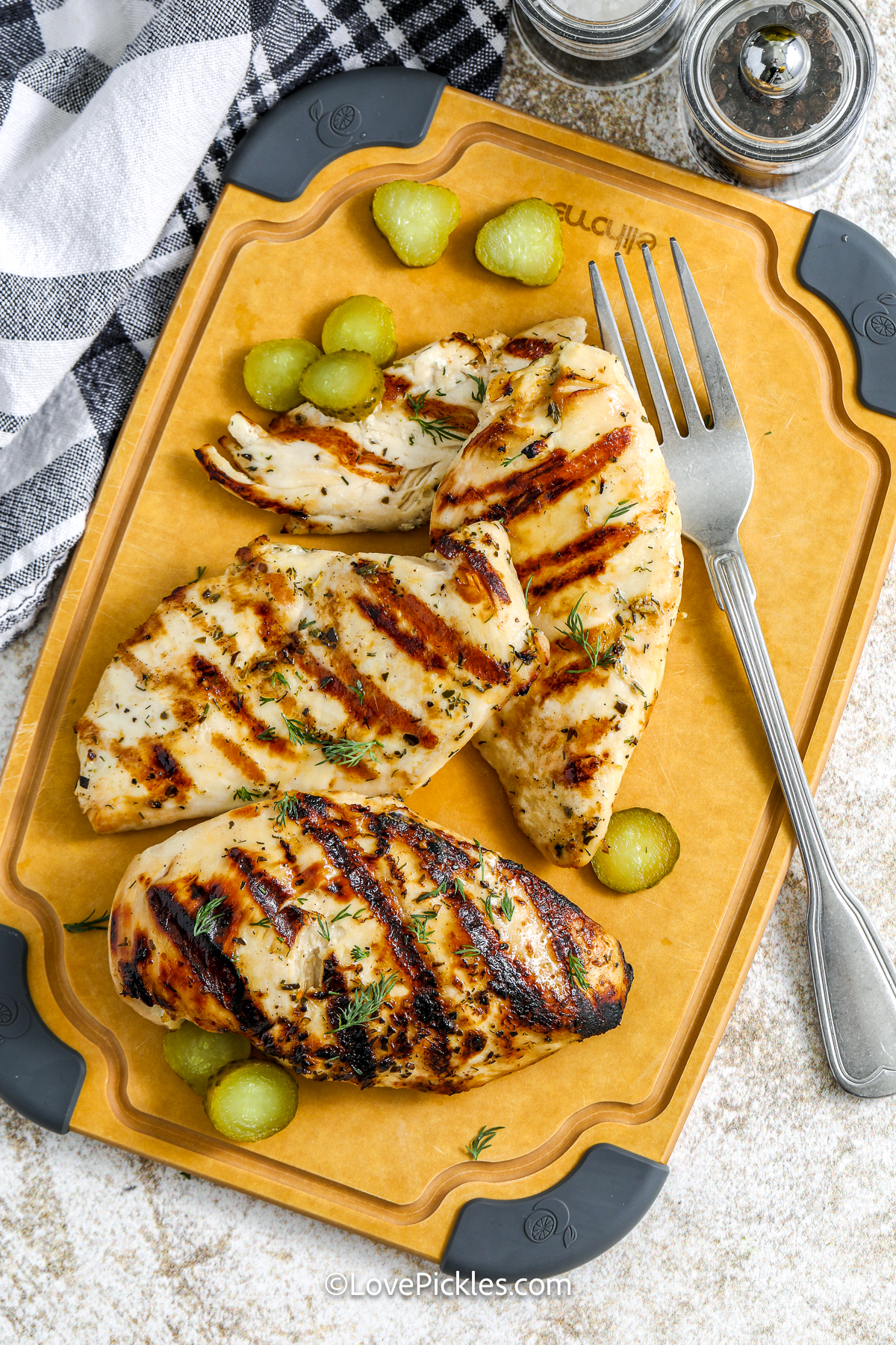 top view of dill pickle marinated chicken breasts