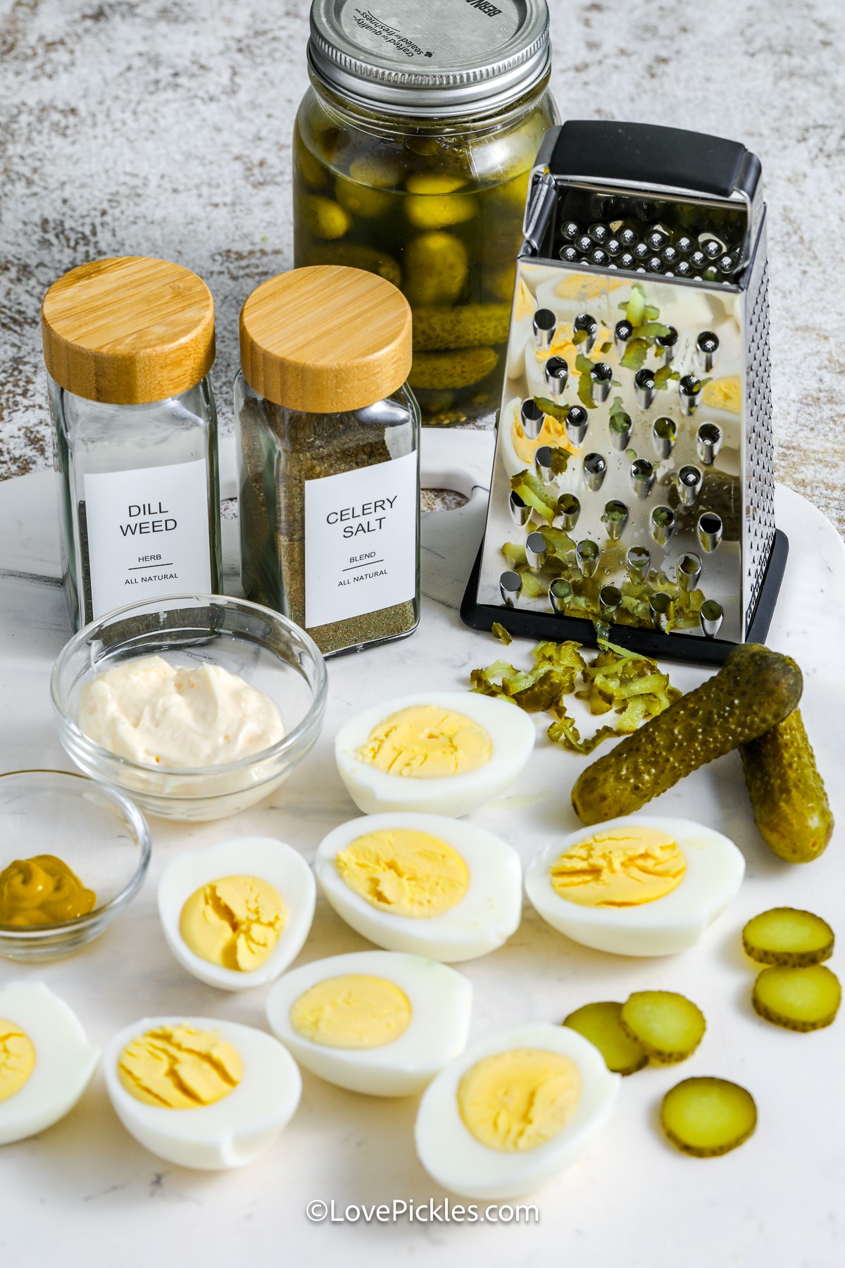 ingredients assembled to make dill pickle deviled eggs