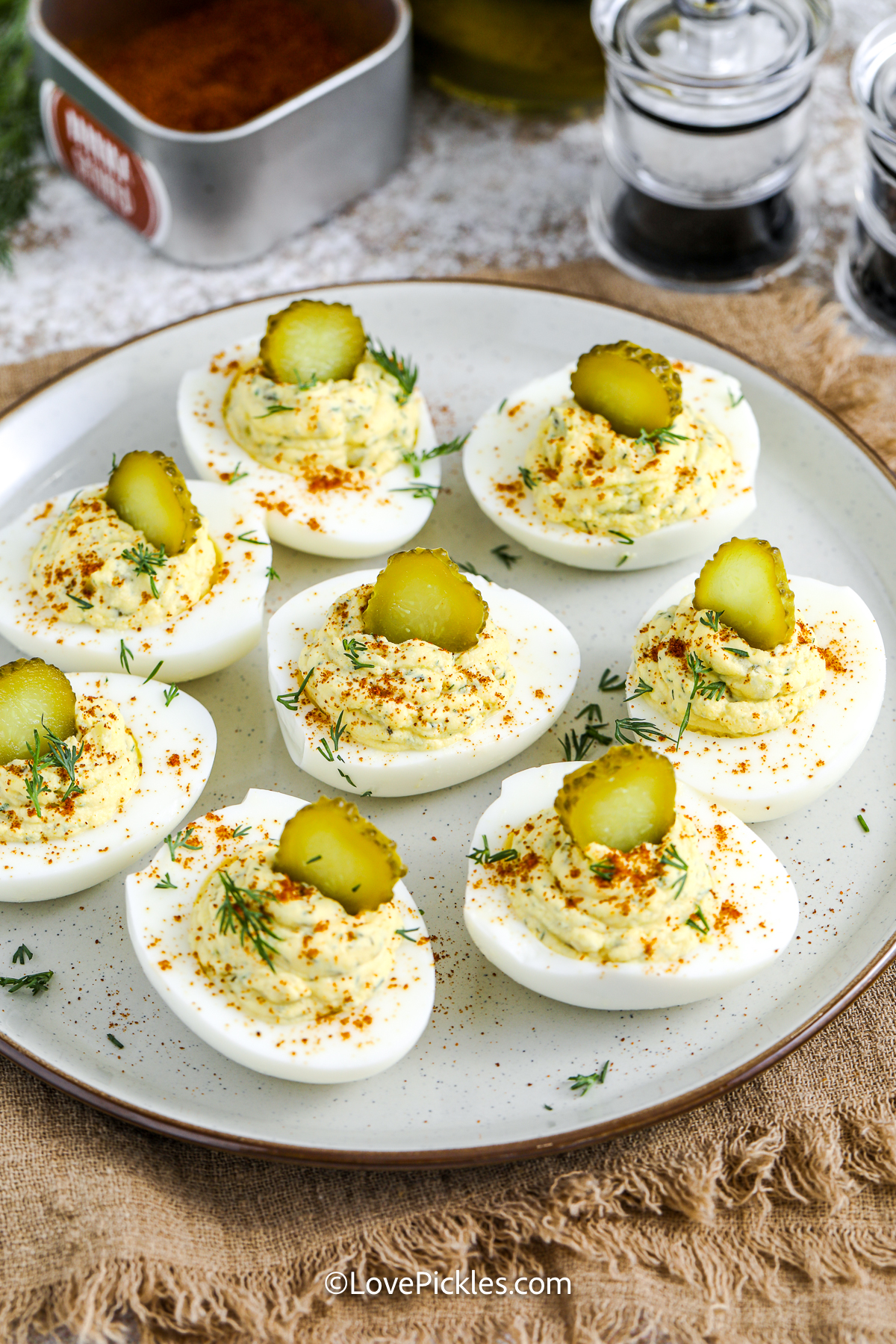dill pickle deviled eggs on a plate