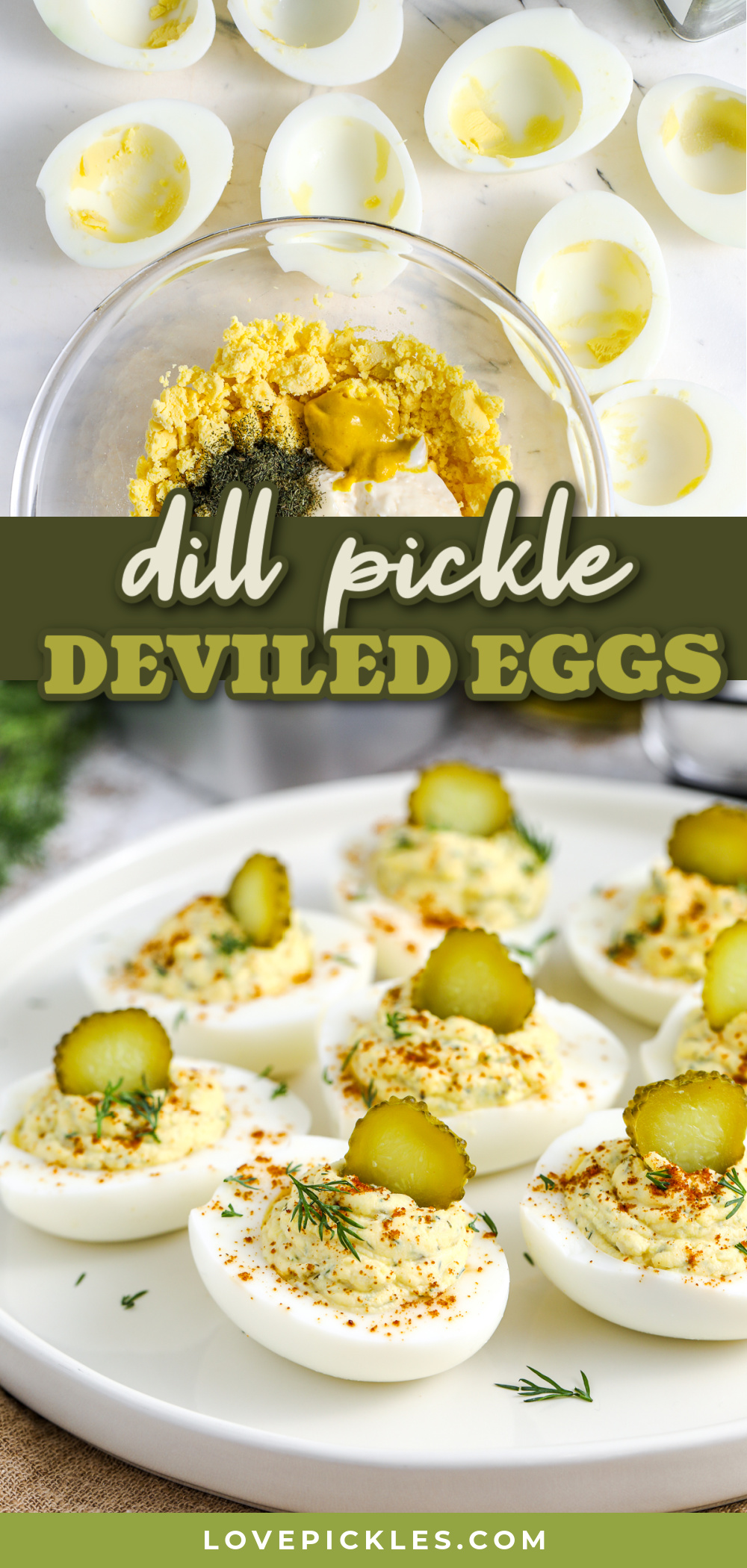 dill pickle deviled eggs on a plate and mixing ingredients in a bowl, with text
