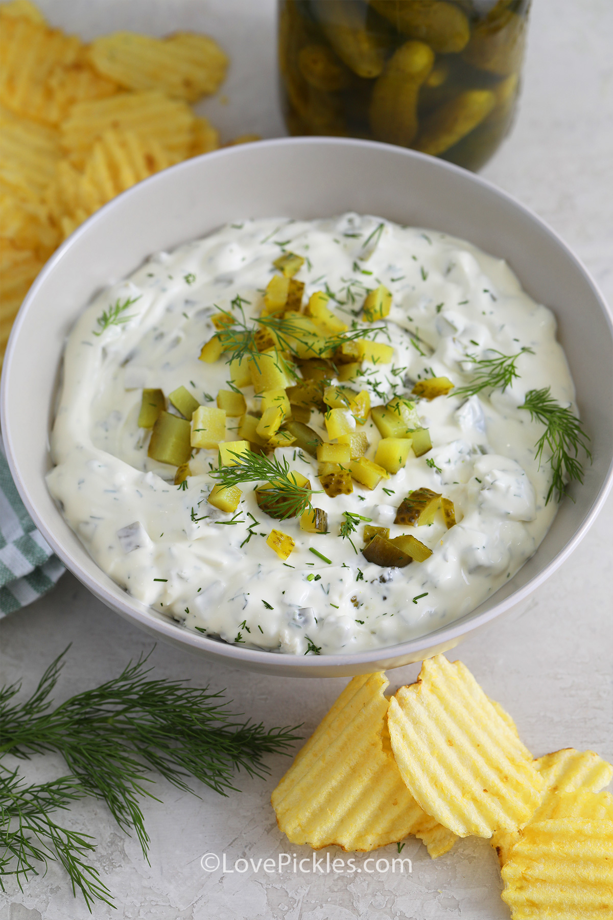 A bowl of dill pickle dip with a garnish of fresh dill and chopped pickles