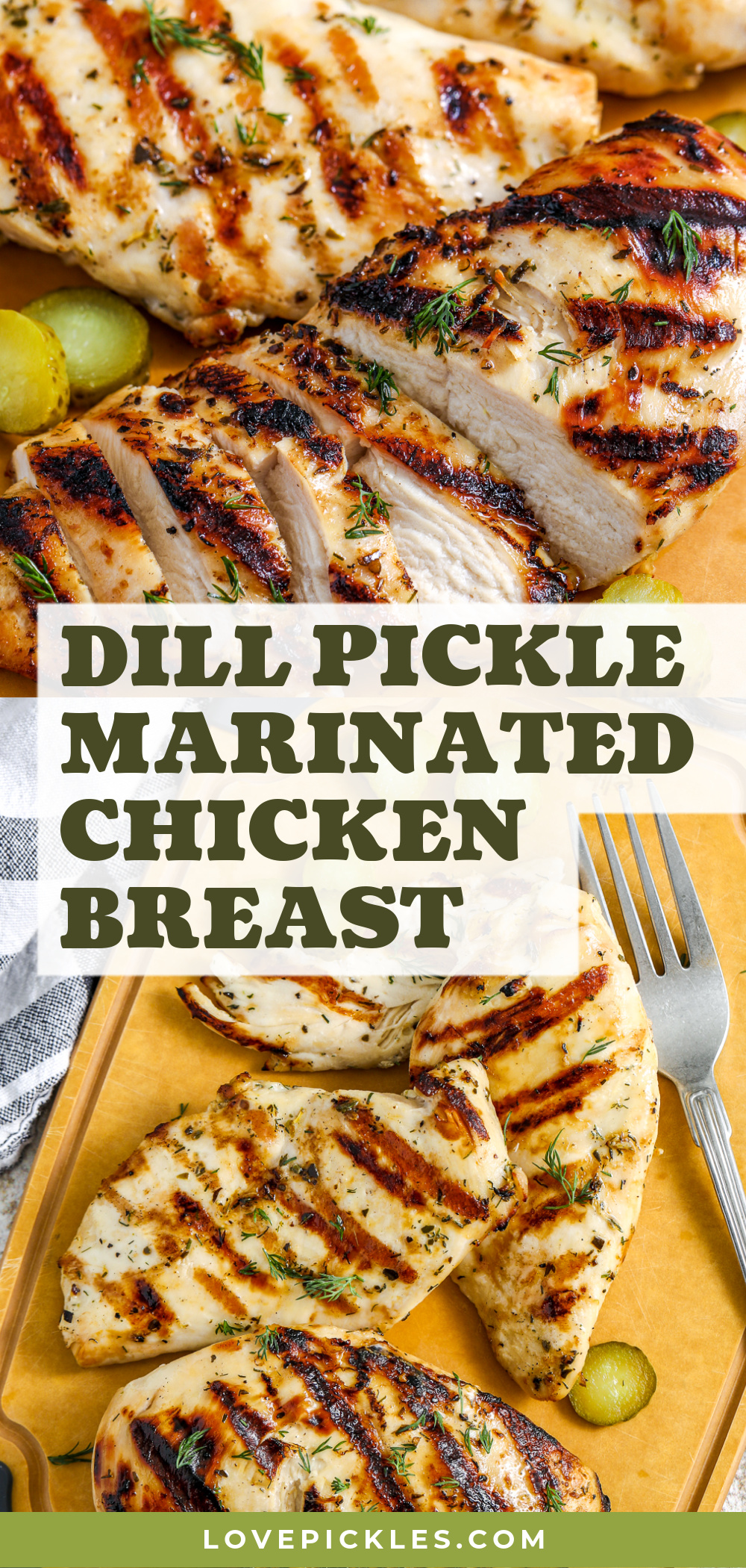 Close up of dill pickle marinated chicken breasts, and looking down on chicken breasts on a cutting board, with text