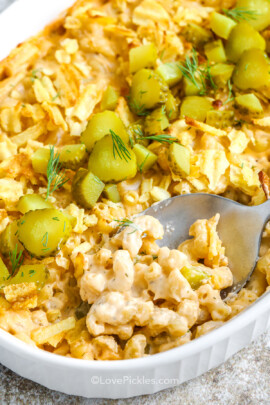 Close up view of dill pickle mac and cheese