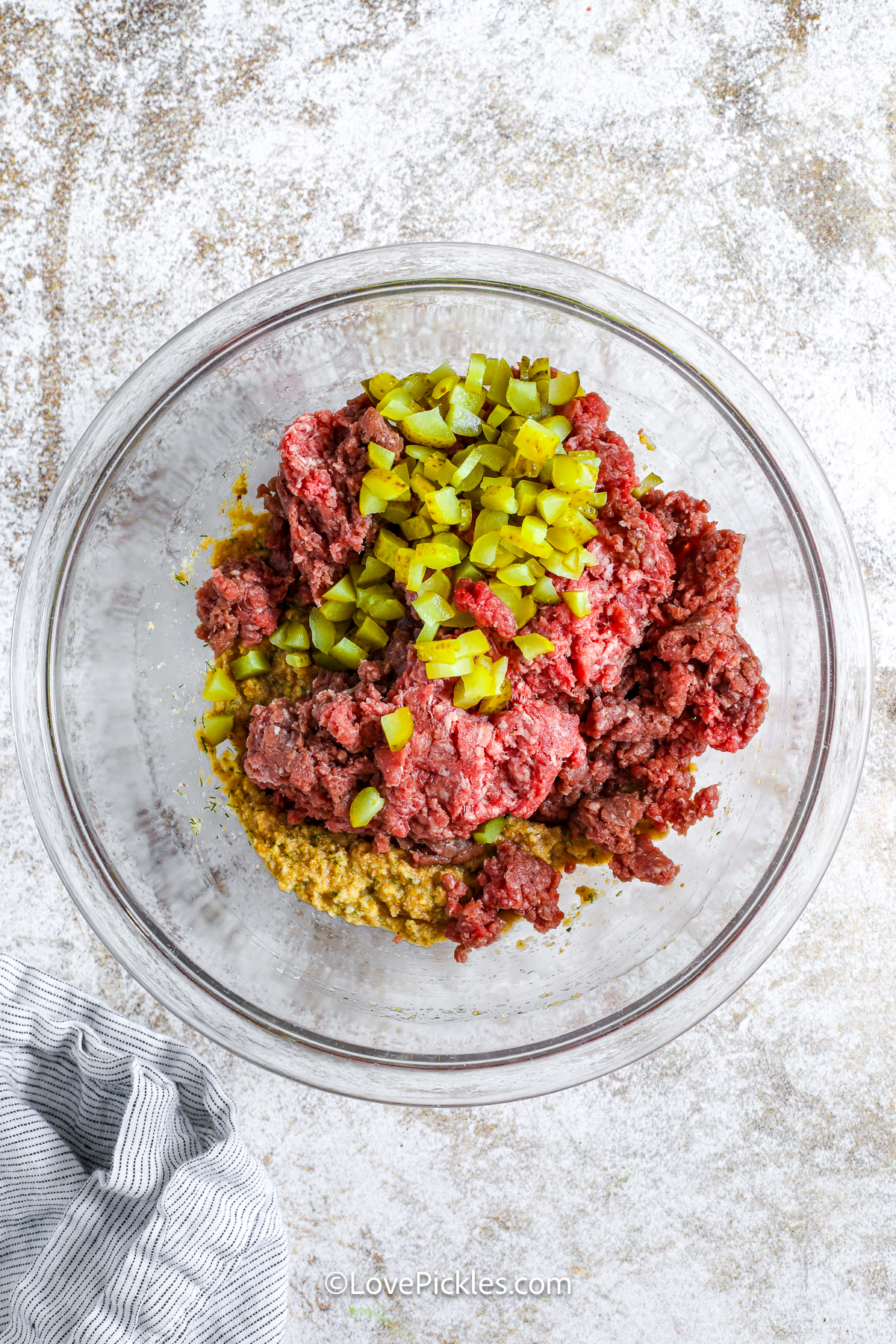 ingredients for dill pickle meatloaf in a bowl