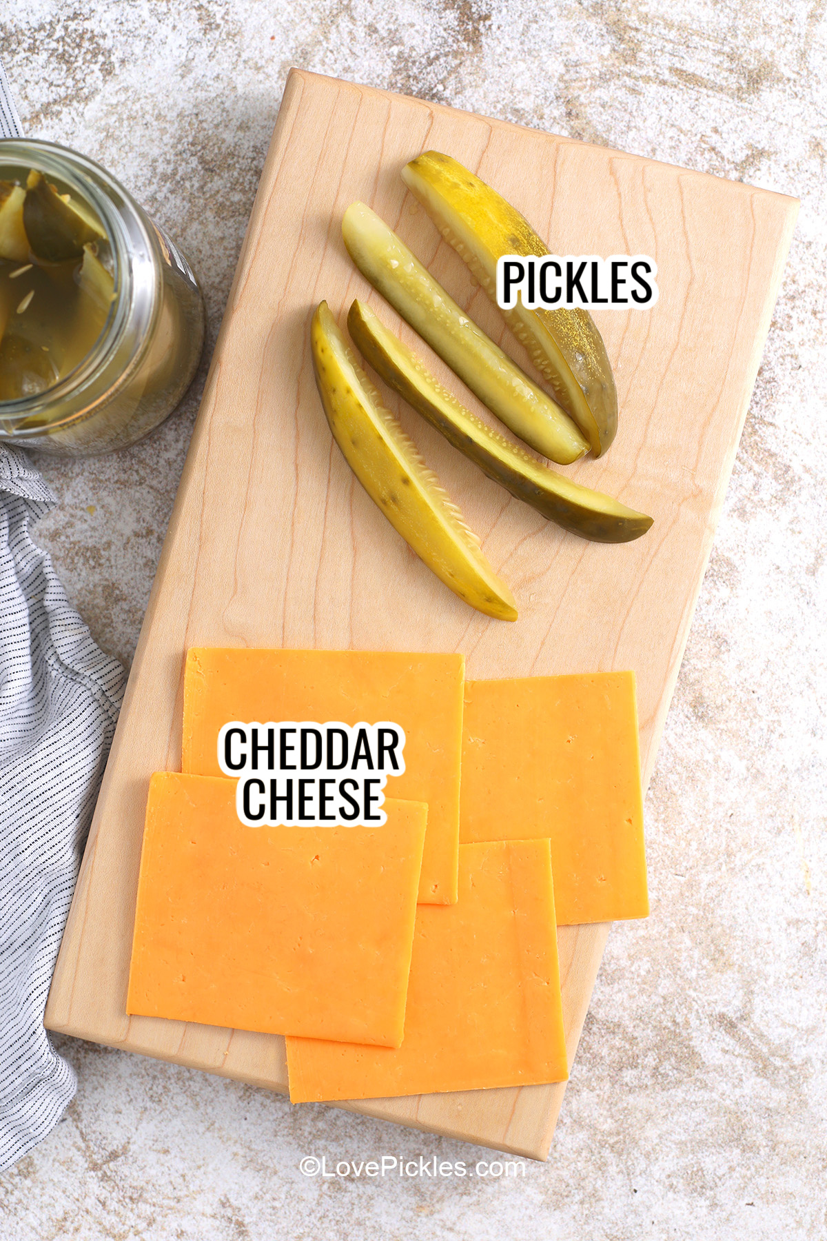ingredients assembled to make chickles, including cheddar cheese and pickles
