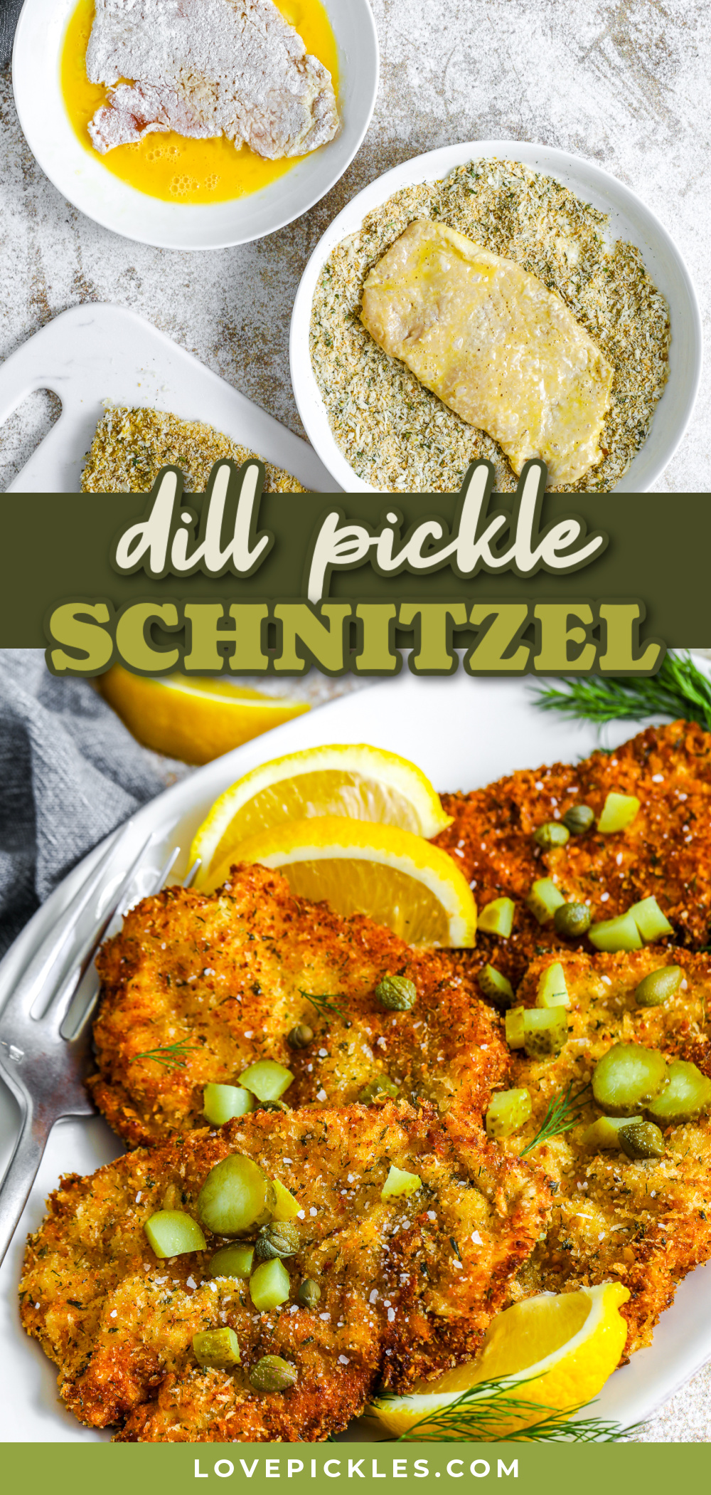 dill pickle schnitzel and pork chops being battered with text
