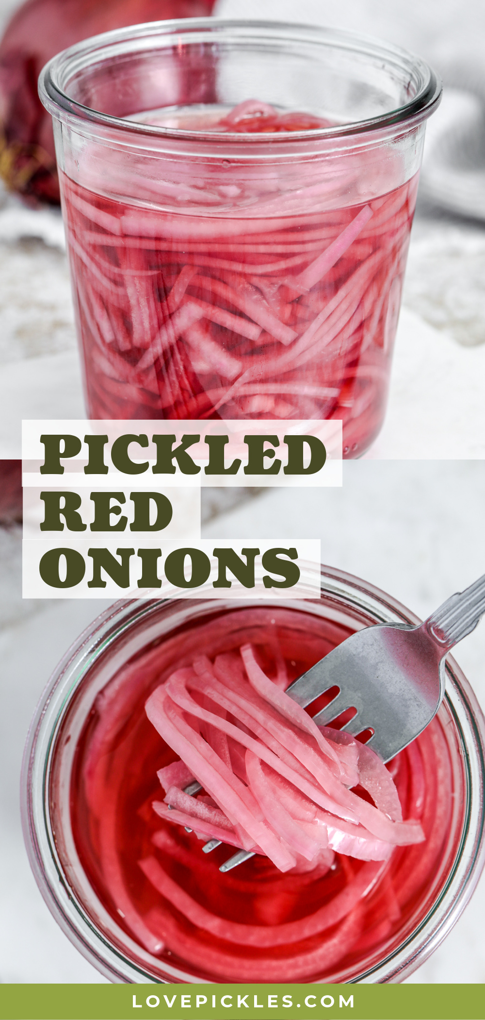 pickled red onions in jars with text