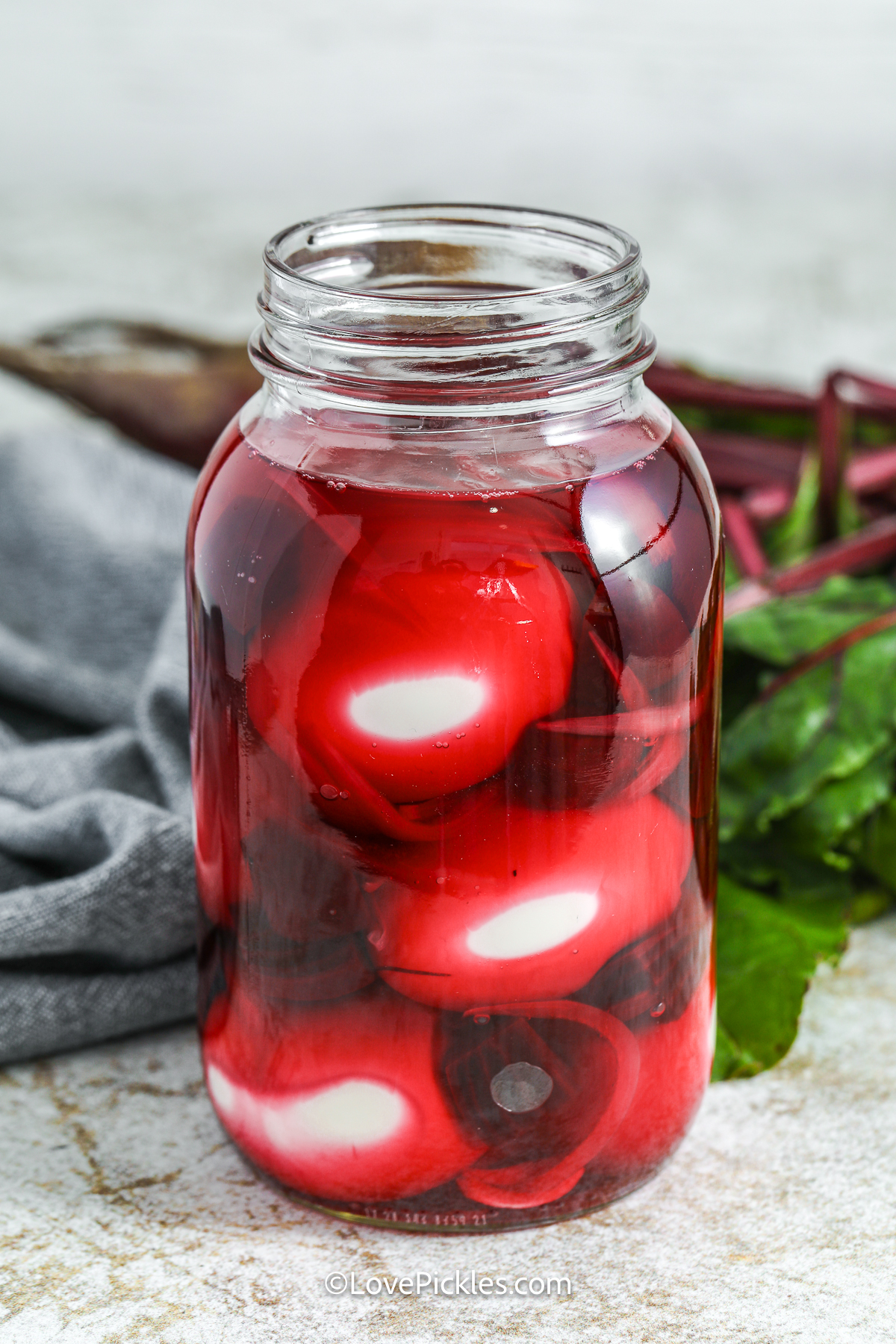 beet pickled eggs pickling in a jar