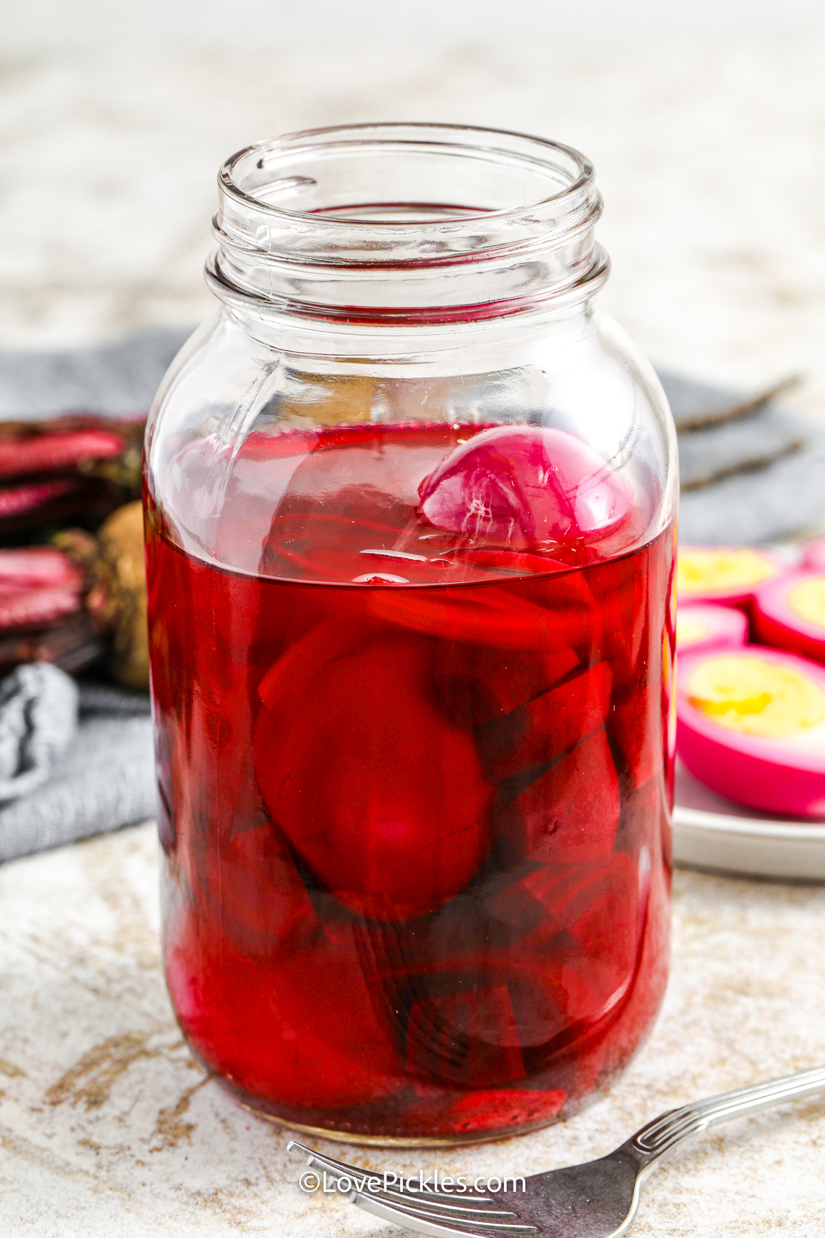 beet pickled eggs in a jar