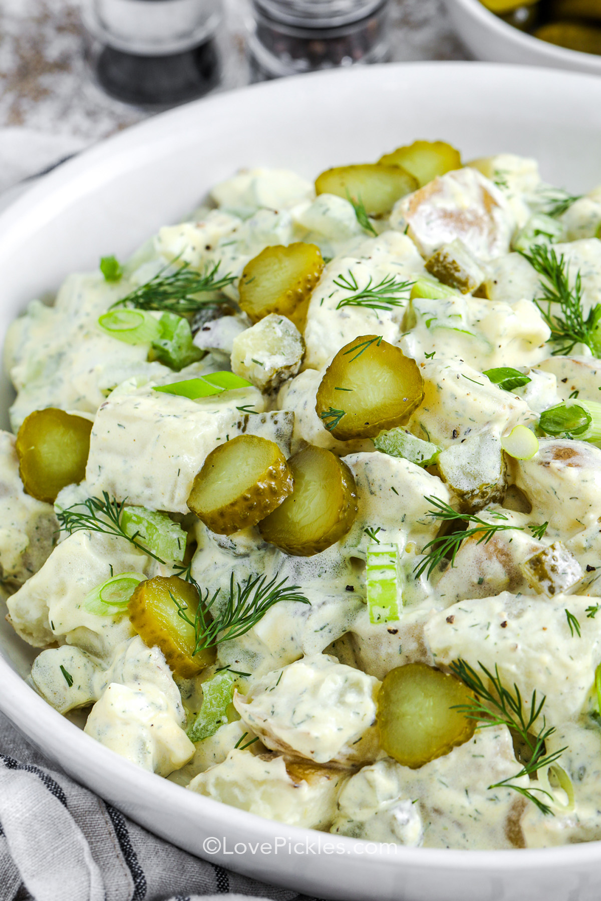 Dill pickle potato salad is the side dish your backyard barbecue needs! Tender gold potatoes are combined with pickles, celery, and egg, then mixed in a tangy mayonnaise dressing with mustard and dried dill. The flavor builds as it chills, making it perfect for a make-ahead dish. Serve it cold with hamburgers, hot dogs, or grilled chicken. It's a guaranteed crowd-pleaser. #lovepickles cropped dill pickle potato salad