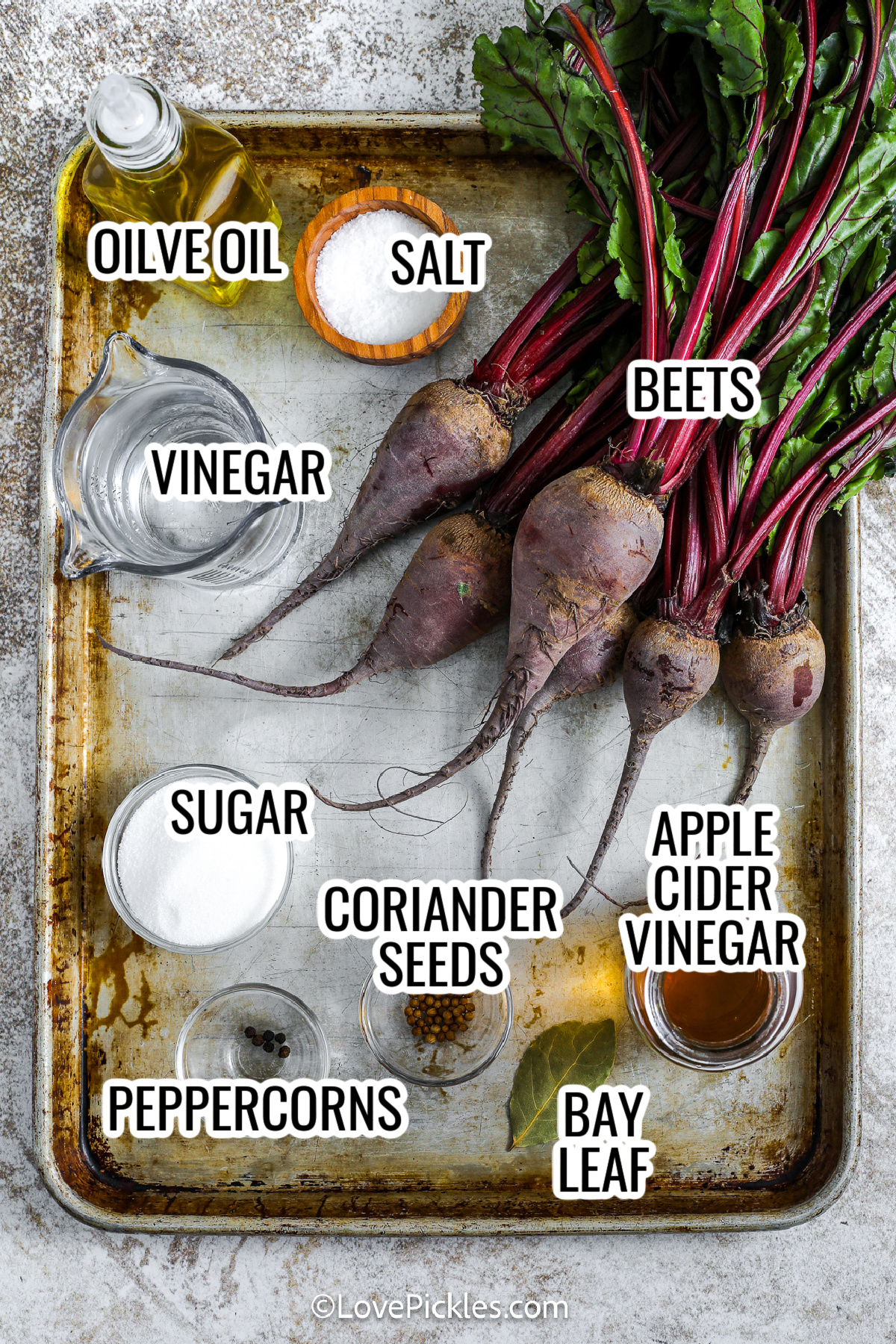ingredients for quick pickled beets, including olive oil, salt, beets, apple cider vinegar, sugar, coriander, peppercorns, bay leaf