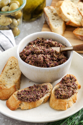 cropped dill pickle tapenade recipe in a dish