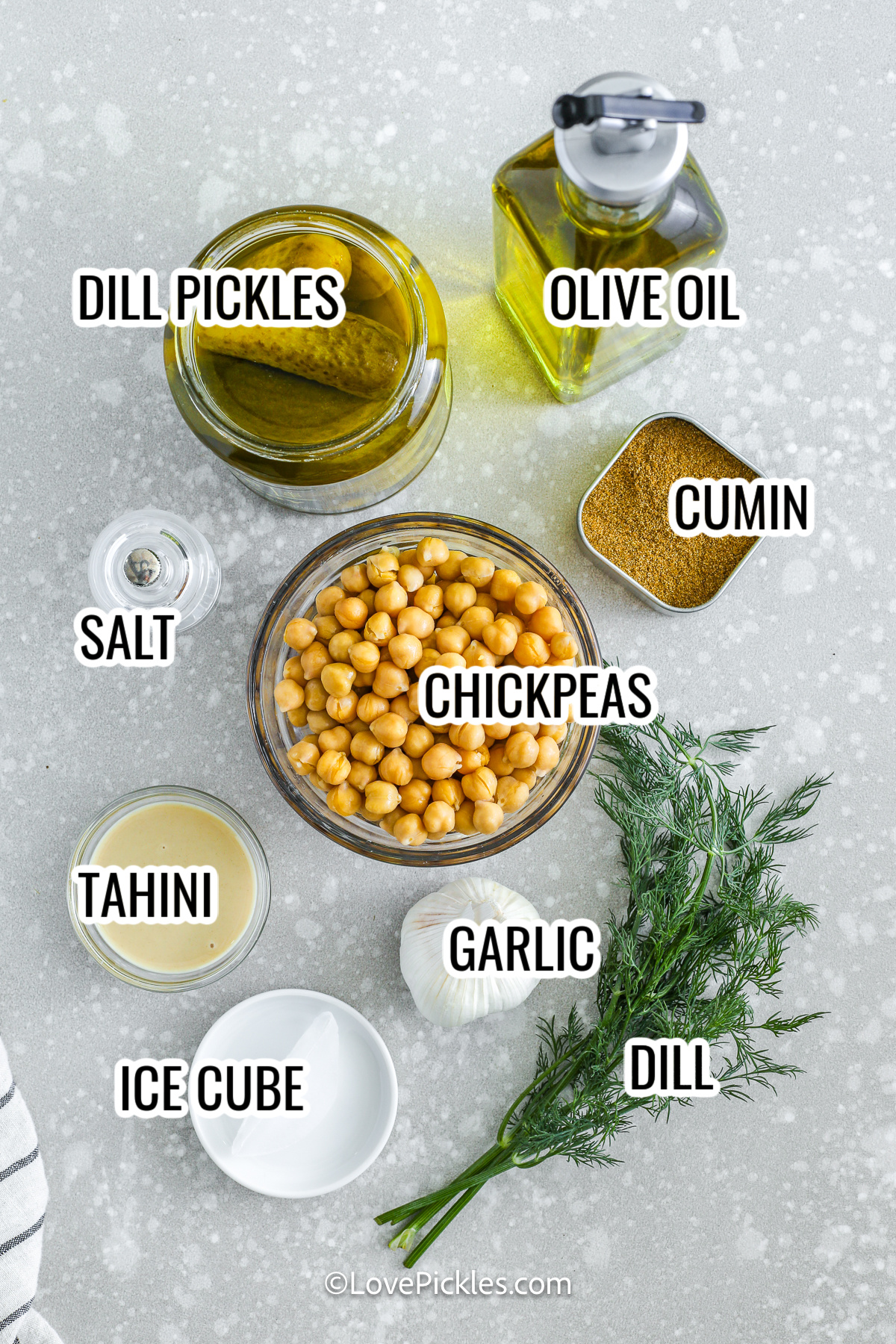 ingredients for dill pickle hummus including salt, dill pickles, tahini, olive oil, cumin, chickpeas, garlic, an ice cube, and dill, with labels