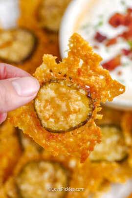 fingers holding cheese pickle chips.