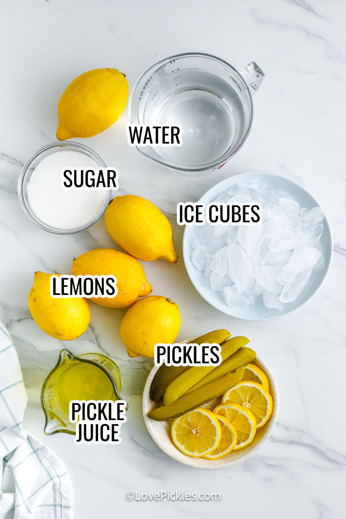 ingredients to make viral dill pickle lemonade including lemons, pickle juice, pickles, sugar, ice cubes, and water, with labels
