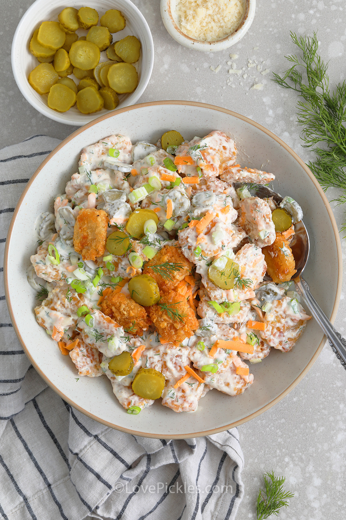 tater tot pickle salad being served