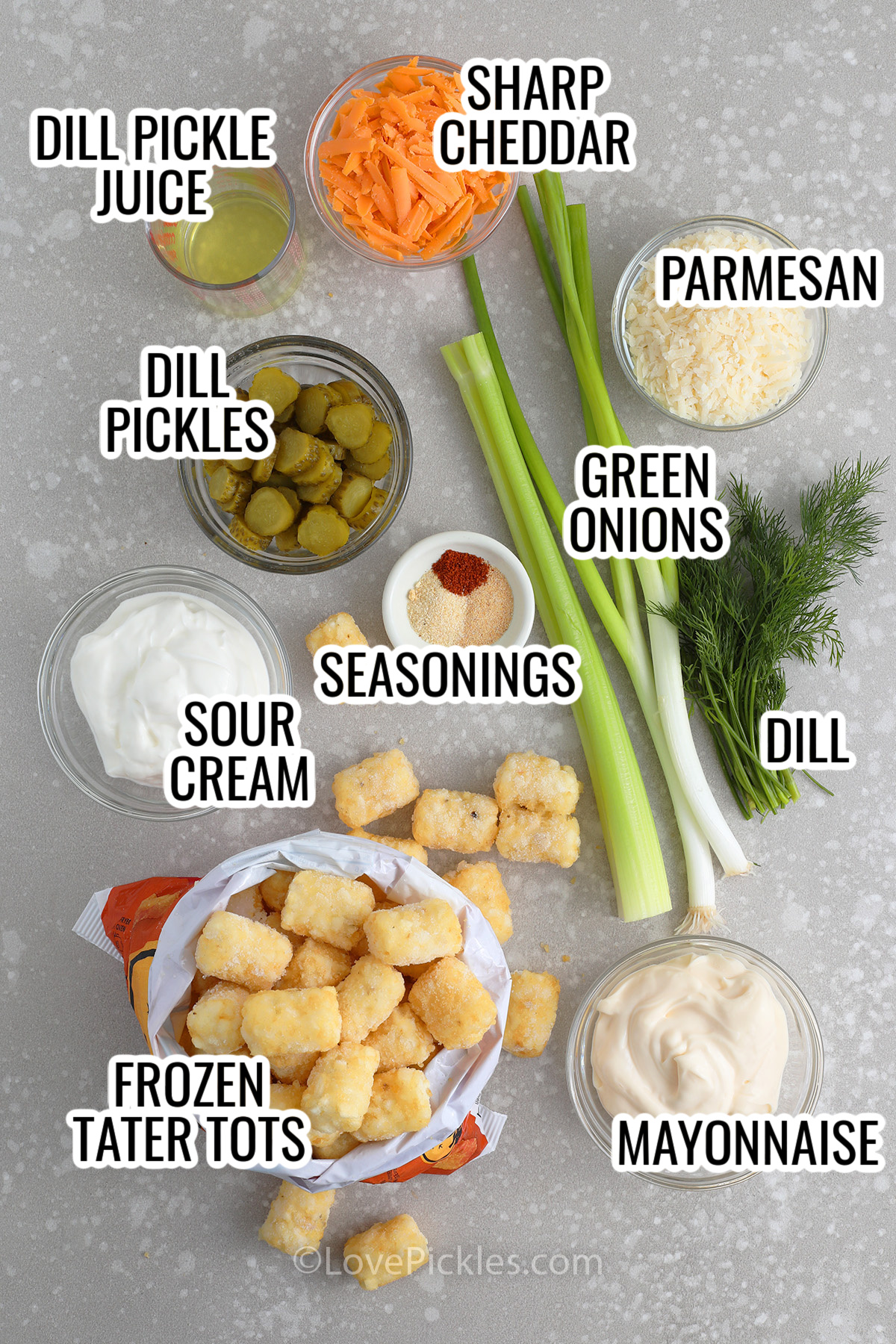 ingredients to make tater tot pickle salad labeled: dill pickle juice, sharp cheddar, parmesan, dill pickles, green onions, dill, seasonings, sour cream, mayonnaise, and frozen tater tots