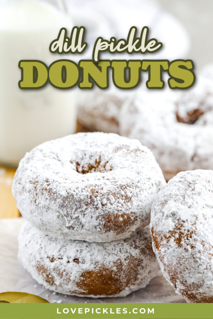 Two prepared dill pickle donuts stacked with a title
