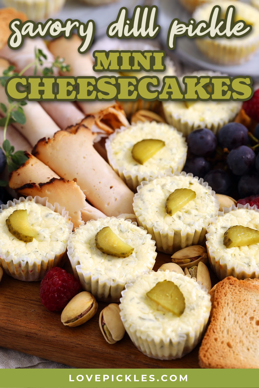 savory dill pickle cheesecake bites with text