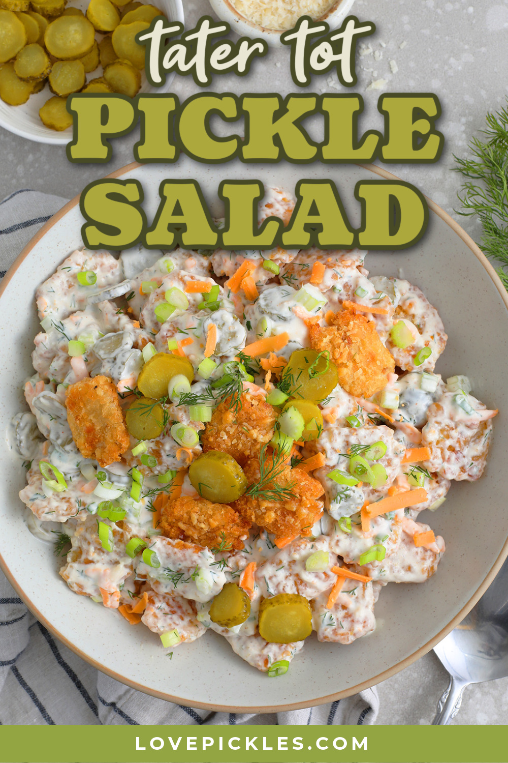 Tater tot pickle salad prepared in a bowl with a title