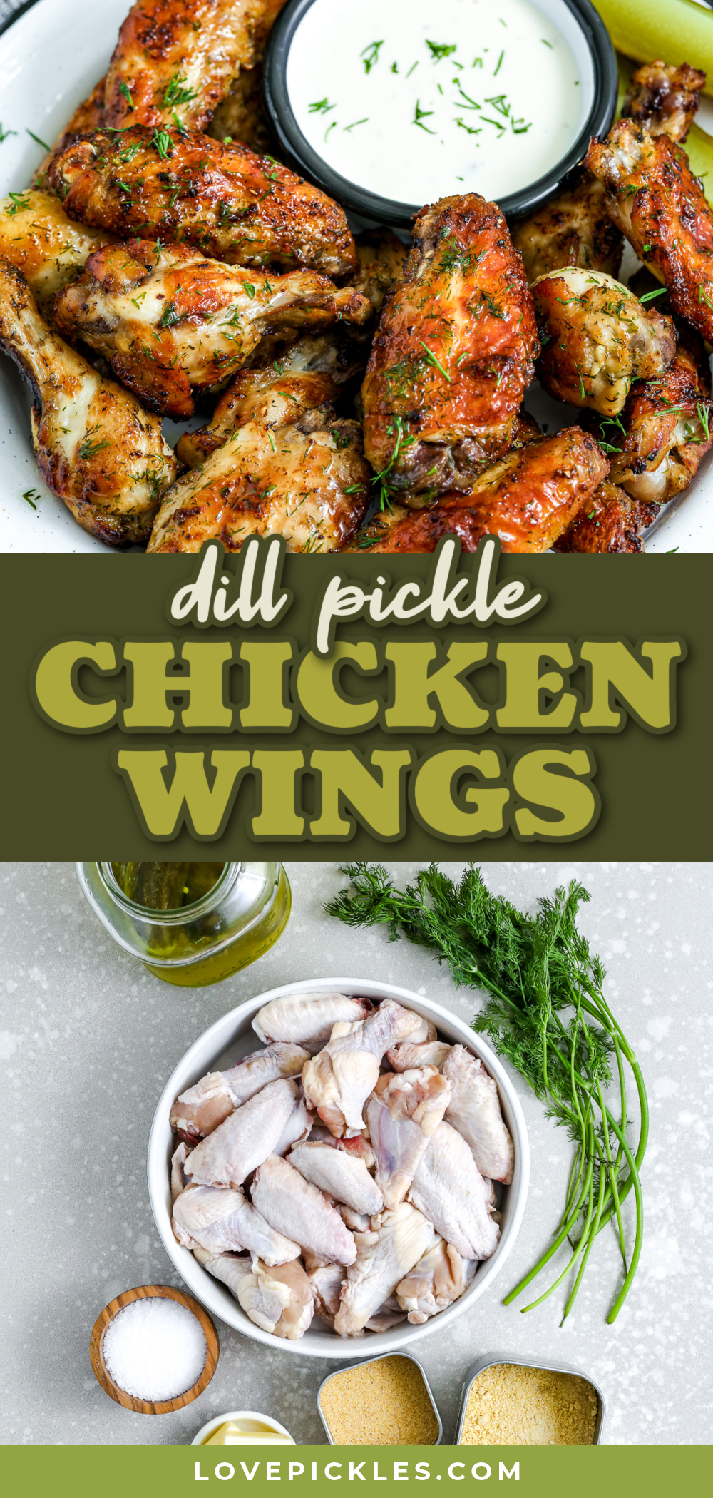 dill pickle chicken wings and ingredients with text