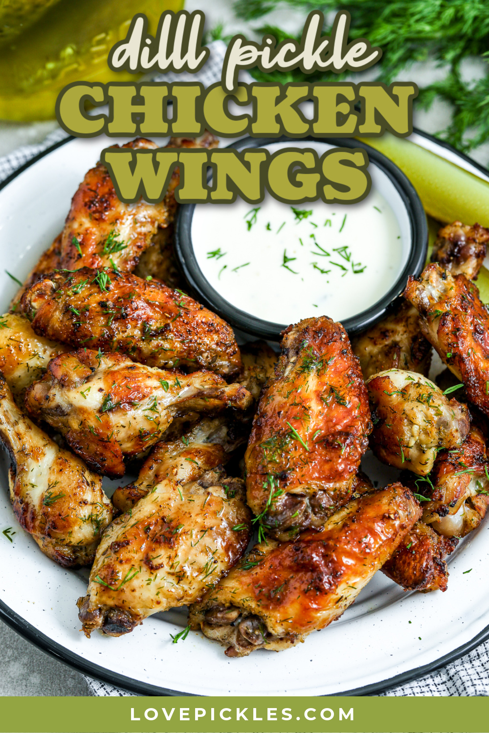 dill pickle chicken wings on a plate with text